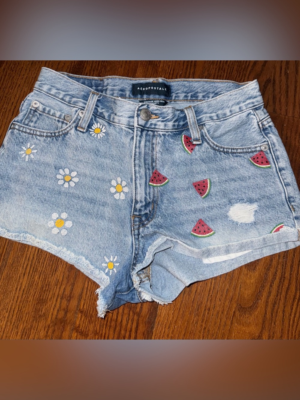 Aeropostale Light Blue Denim Shorts with Daisy and Watermelon Motifs